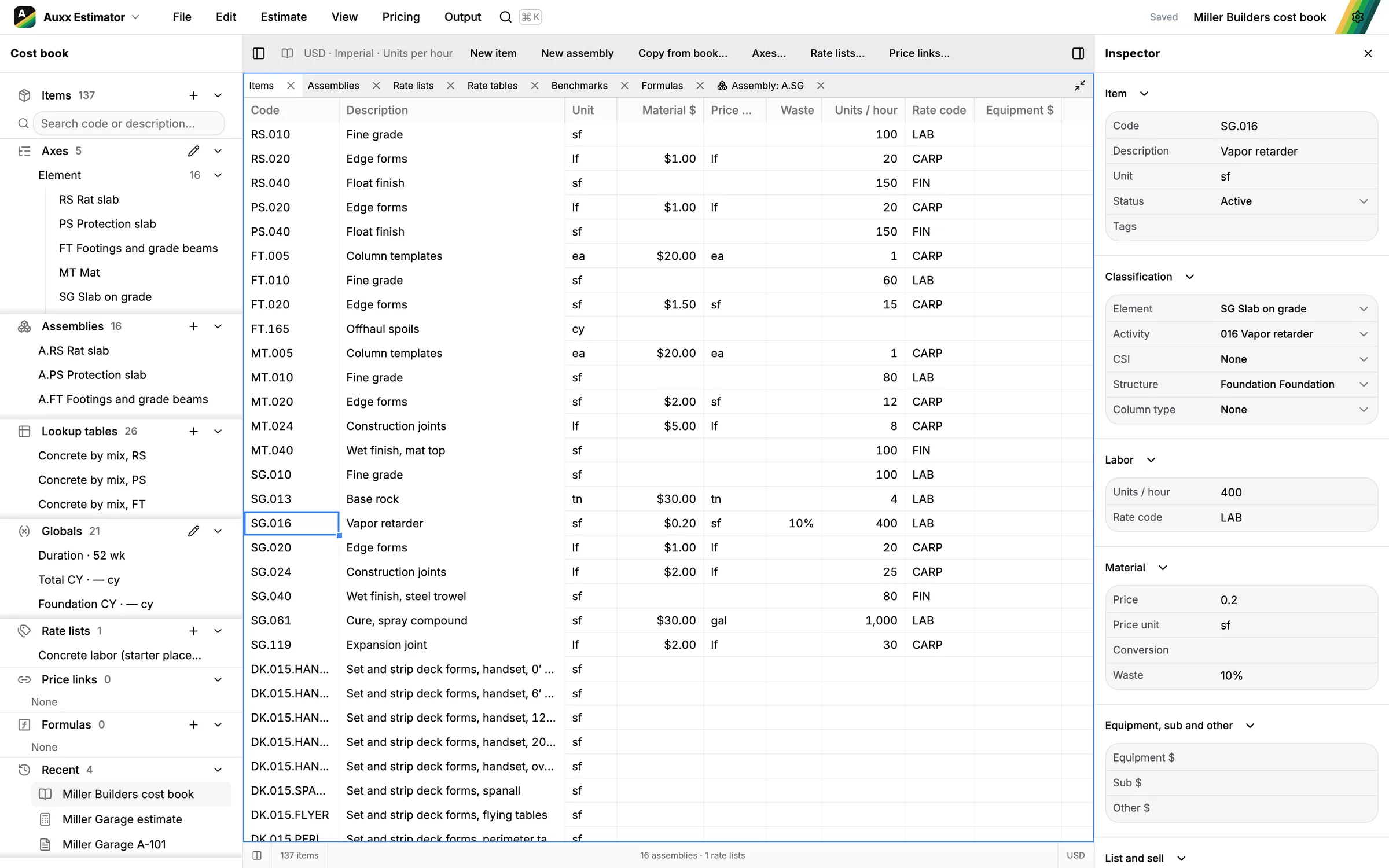 A cost book with items, assemblies and prices