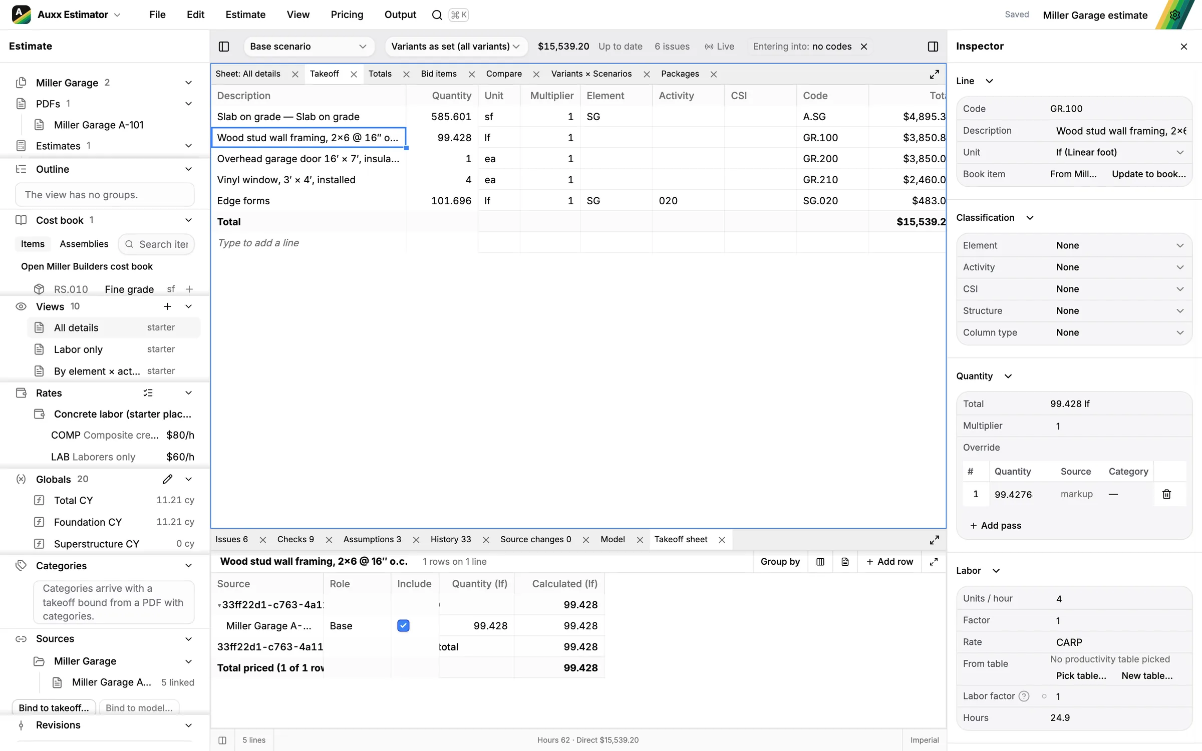 An estimate priced from the PDF takeoff