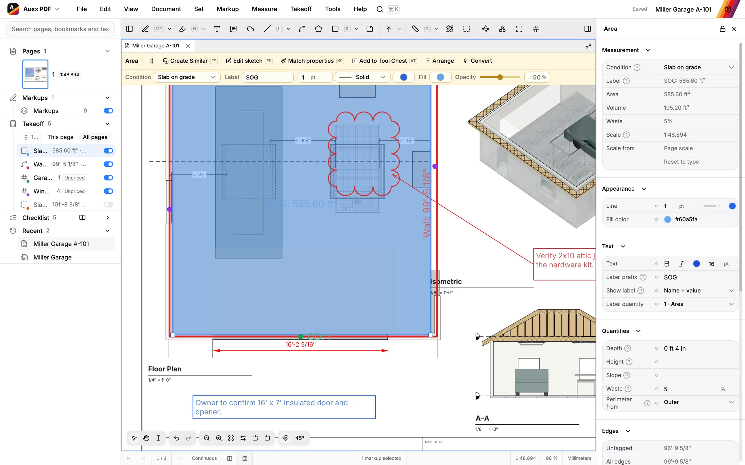 Lengths and areas measured to scale on a PDF plan