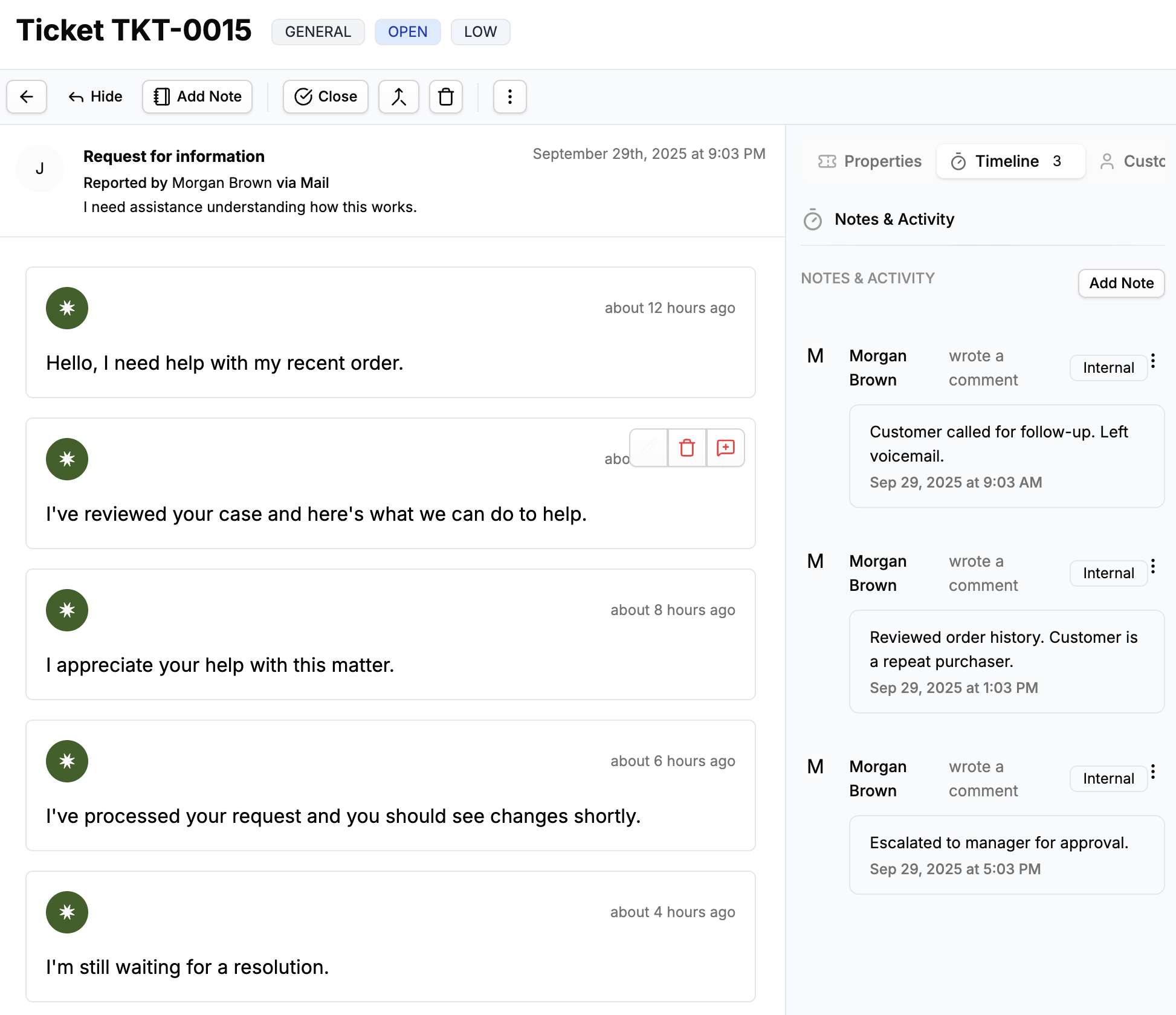 Detailed ticket view with customer context